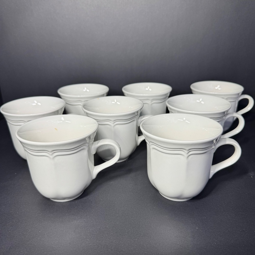 Mikasa French Countryside F9000 White Coffee Mugs Set of 8 Japan Stoneware VTG
